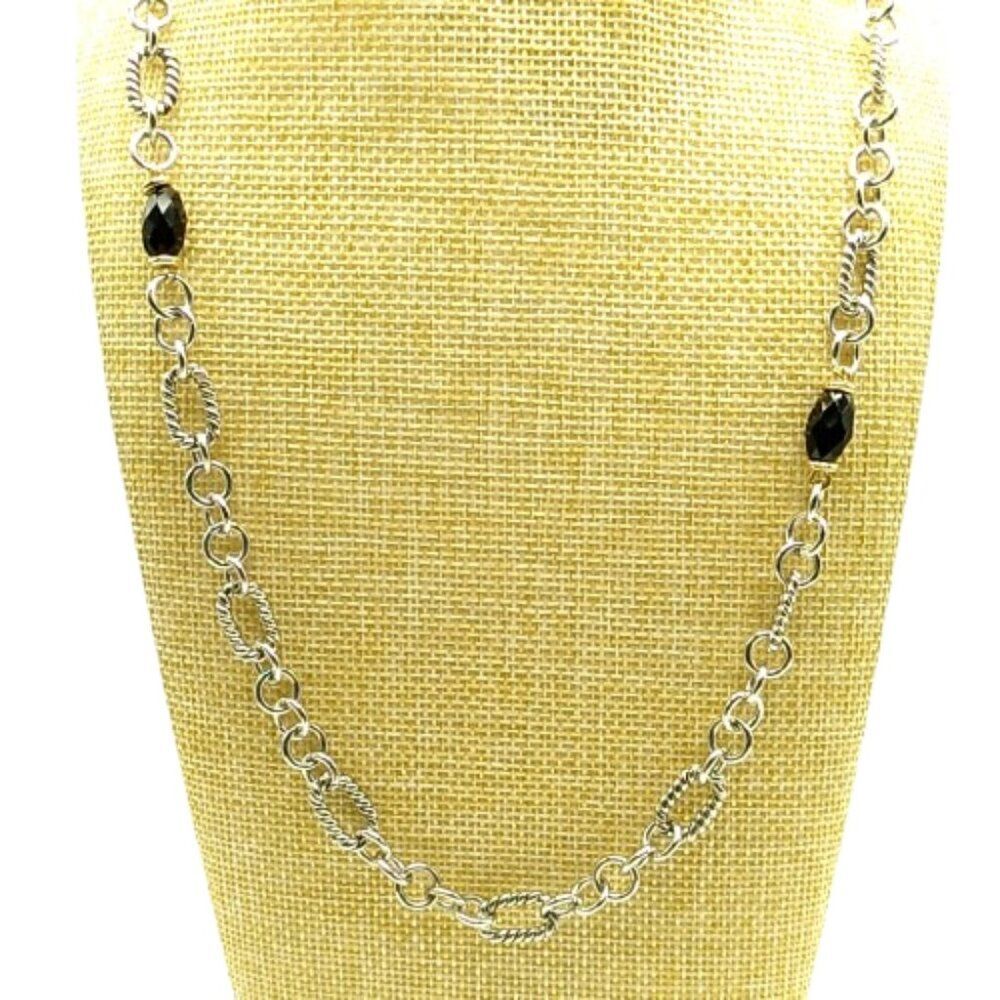 Black Acrylic Faceted Beaded Silver-tone Figaro Chain Necklace